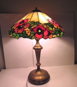 Antique Tiffany Style Leaded Stained Glass Lamp W/extra Large Shade