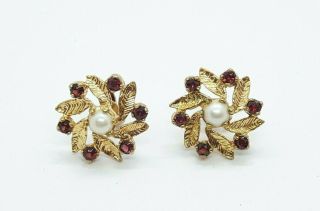Vintage 9ct Yellow Gold Garnet And Pearl Floral Stud Earrings,  Hm 1970