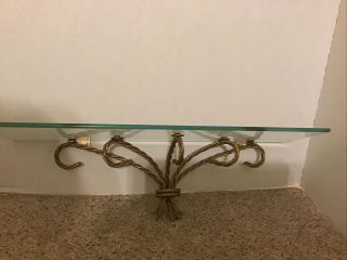 VINTAGE HOME INTERIORS GLASS AND GOLD METAL ROPE WALL SHELF 18 