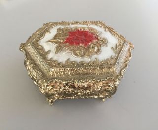 Vintage Ornate Gold - Tone Footed Trinket Metal Jewelry Box Floral Motif Korea