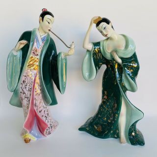 Vtg Ronzan Lenci Italian Art Deco Ceramic Figurine Geisha Lady & Man Rare W/pipe