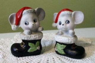 Christmas Mouse In Santa Hat And Black Boots Figurines Homco 8903 Ceramic