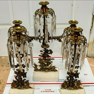 (3) Antique 19th C Victorian Brass Figural Candles Holder With Crystal Prisms