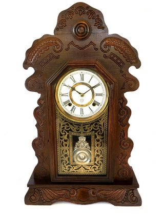 Antique Ansonia 8 Day American Strike Shelf Clock With Gold Glass Decoration