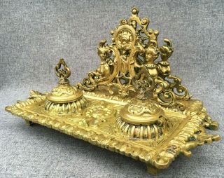 Big Heavy Antique French Empire Style Inkwell 19th Century Gilded Bronze Signed