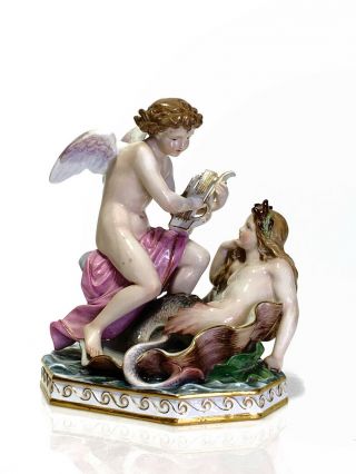 Meissen Porcelain Figural Group Cupid Playing The Lyre For A Mermaid 19th C