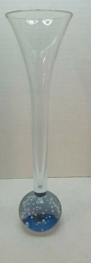 Vtg Art Glass Controlled Bubble Ball Bottom Blue Bud Vase 9 " Paper Weight
