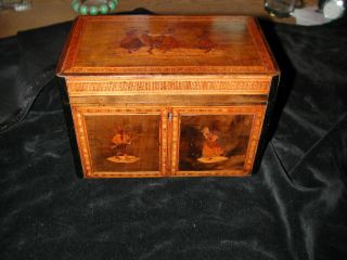 Antique Tea Box Inlaid Mahogany Mixed Wood Men/women Working/dancing