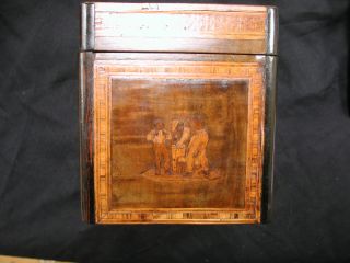 Antique Tea Box Inlaid Mahogany mixed wood men/women working/dancing 3
