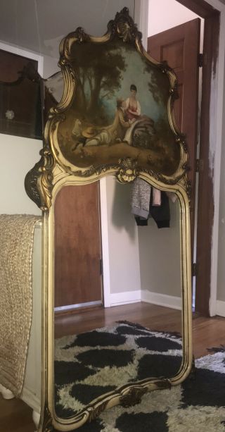 Antique French Trumeau Mirror With Oil Painting Signed Decor