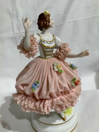 Antique Dresden Lace Volkstedt Porcelain Figurine Pink dresses with Floral 2