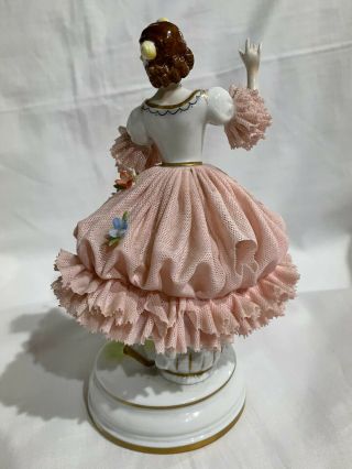 Antique Dresden Lace Volkstedt Porcelain Figurine Pink dresses with Floral 3