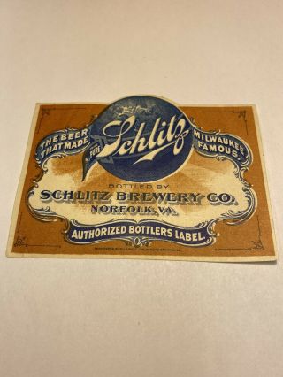 Vintage Beer Bottle Label Pre - Pro Schlitz Brewery Co Norfolk Va