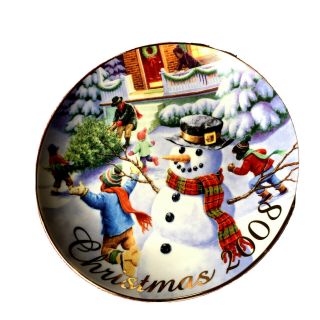 Avon Collector Christmas Plate 2008 Snowman “winter Memories” 22k Gold Trimmed