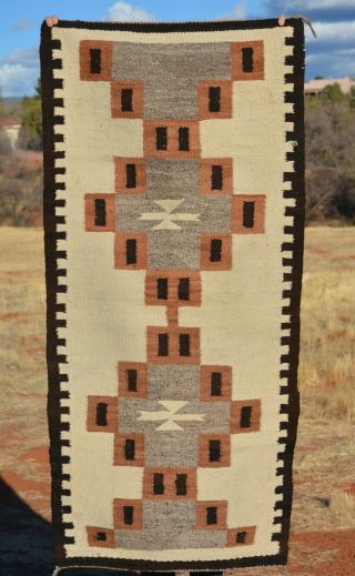 Vintage Navajo Indian Rug - Handspun Natural Wools - Diamonds Crosses - 58 X 27