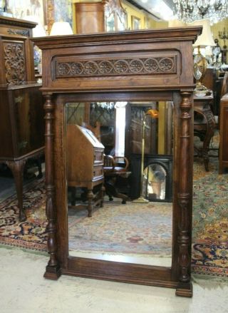 French Antique Carved Oak Brittany Beveled Mirror