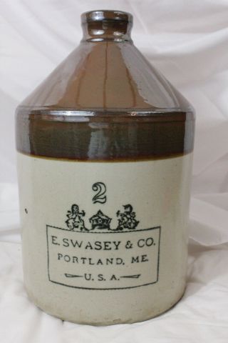 Antique Stoneware 2 Gal Jug C.  1890 Marked " E.  Swasey & Co Portland,  Me U.  S.  A "
