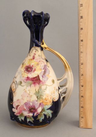 Antique Amphora Teplitz Hand Painted Cobalt & Gold Amphora Art Pottery Ewer Vase