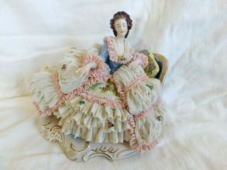 Vintage Dresden Lady Seated On Couch Figurine - Porcelain Lace - Germany N Crown