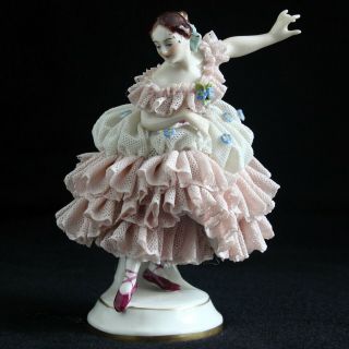 German Volkstedt Dresden Lace Porcelain Ballerina Dancing Lady Girl Figurine 2