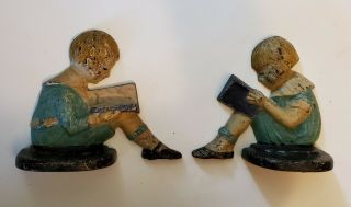 Antique Early 1900s Cast Iron Boy Girl Door Stops,  Bookends,  All