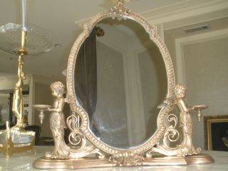 Offer Antique French Lrg 19th C Gilt Bronze Cherubs,  Candle Holders Table Mirror