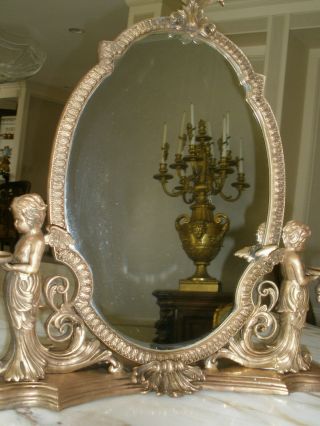OFFER ANTIQUE FRENCH LRG 19TH C GILT BRONZE CHERUBS,  CANDLE HOLDERS TABLE MIRROR 2