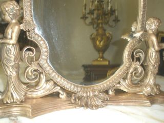OFFER ANTIQUE FRENCH LRG 19TH C GILT BRONZE CHERUBS,  CANDLE HOLDERS TABLE MIRROR 3
