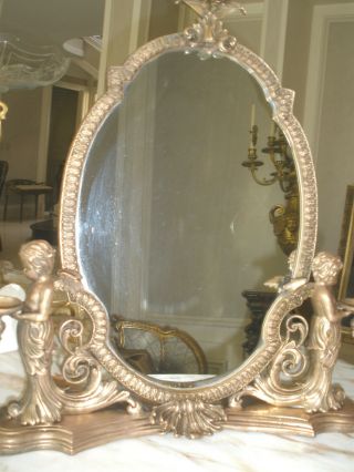 OFFER ANTIQUE FRENCH LRG 19TH C GILT BRONZE CHERUBS,  CANDLE HOLDERS TABLE MIRROR 4