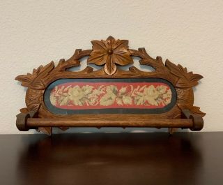 Antique Black Forest Carved Towel Rack With Needlepoint Insert.  Eastlake Style