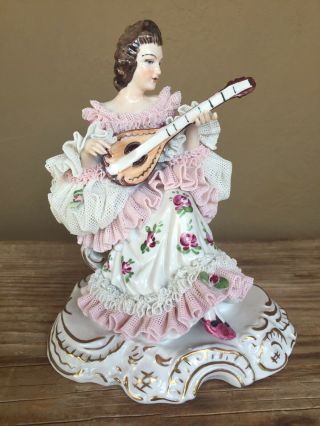 Dresden Lace Porcelain Figurine Of Woman With Musical Instrument