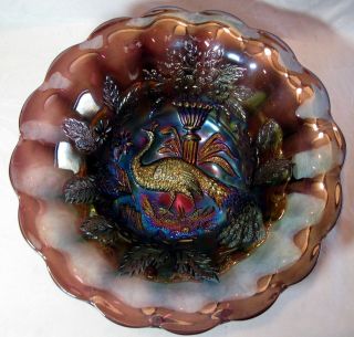 A Large Antique Millersburg Peacock Urn Pattern Carnival Glass Deep Round Bowl