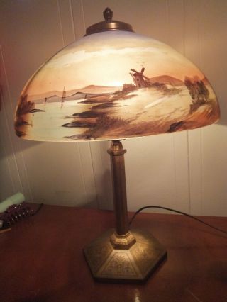 Reverse Painted 14 " Likely Pittsburgh Lamp 20 " Tall - Repaired Crack