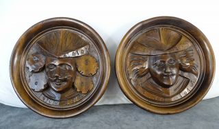 Antique French Hand Carved Walnut Wood Pair Plaque Face Figure