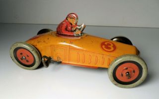 Vintage J Chein Tin Litho Wind Up Race Car Toy 3 W/ Driver - Racer 5 "
