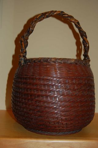 Vintage Japanese Bamboo Basket With Braided Handle