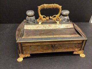 French Empire Brass Trimmed Gilt Bronze Wood Ink Stand Antique Desk Set