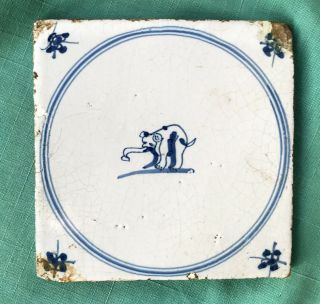 Antique Dutch Delft Blue Tile,  Elephant,  17th Or 18th Century Old Tile Holland