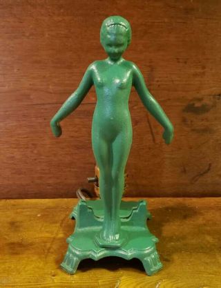 Antique Vintage Art Deco Frankart Green Cast Iron Nude Female Statue Figure Lamp