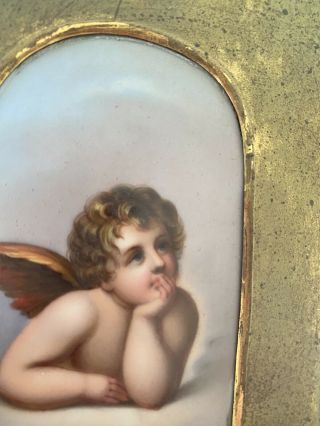 Antique Petite French Cherub Putti Angel Painting On Porcelain Brass Frame Chic