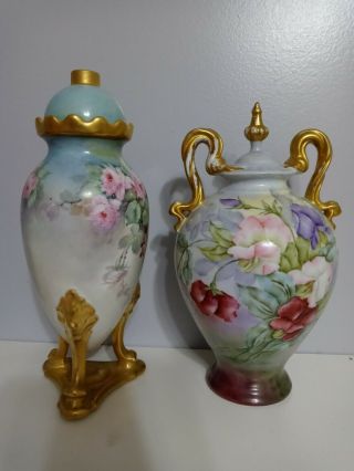 2 Antique Limoges Hand Painted Flower Signed Vase Ewer Urn Lamp Roses