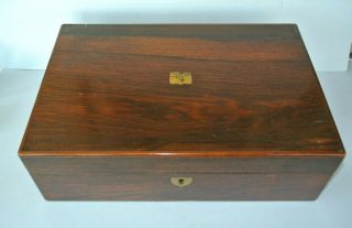 Antique Walnut Wood Slanted Portable Writing Desk With Inkwell & Key