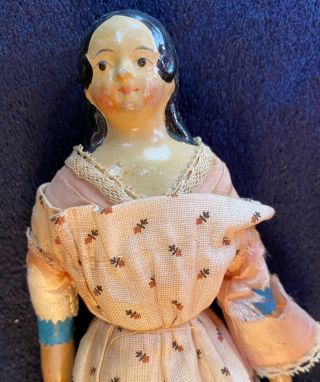 Antique Papier Mache Doll 8 In German Papier - Mâché Doll 1840’s Wooden Limbs