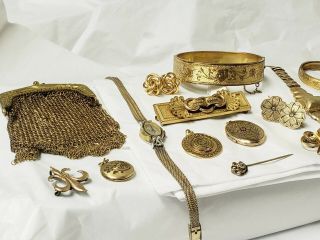 255 Grams Atq Victorian Vtg Gold Filled Jewelry Bangles,  Toledo Ware,  Lockets
