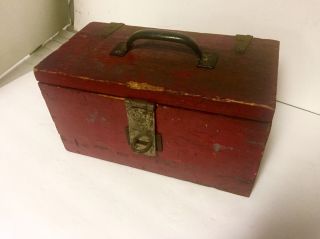 Primitive Tool Box Old Red Paint Strap Hinges Hasp & Handle 12 " X 7 " X 6 "