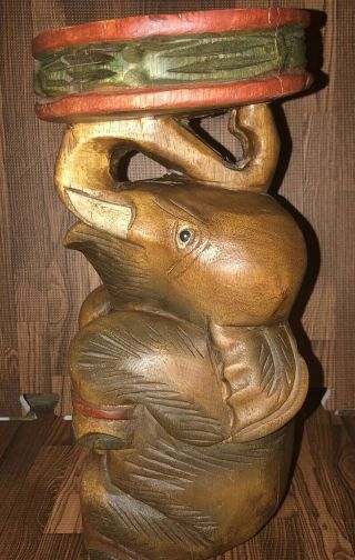 Vintage Thai Asian Hand Carved Wood Folk Art Primitive Elephant Pedestal Stool