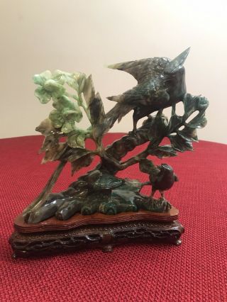 Vintage Chinese Jade Carving W/stand: Birds And Flowers