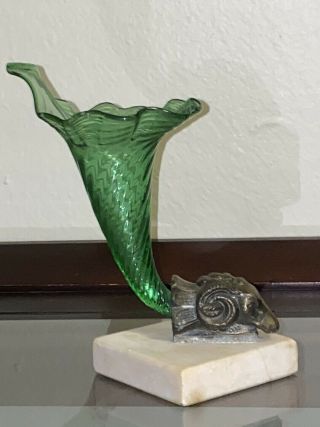 Antique Bronze Rams Head Cornucopia Green Glass Vase On Marble Base