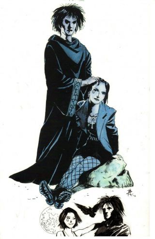 Sandman And Death Print With Inked Sketch [remarque] Bo Hampton