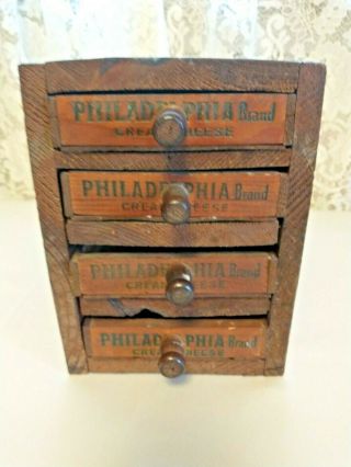 Primitive Antique 4 Drawer Wooden Philadelphia Brand Cream Cheese Chest Box